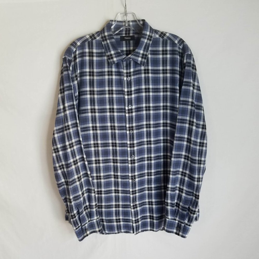 Theory Blue‎ Plaid Button Front Long Sleeve Shirt Men's Size Large